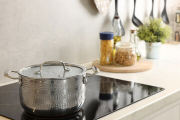 Cooking dinner. Pot on cooktop in kitchen