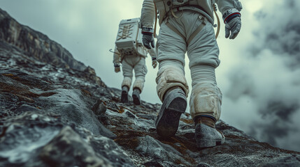 Two astronauts in spacesuits explore the planet climbing through mountainous terrain on an unknown planet.