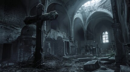 Naklejka premium Faded cross and forgotten tombs spread beneath the somber expanse of an old church's reach