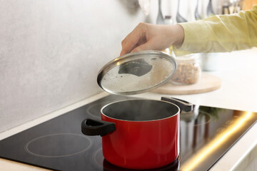 Woman cooking dinner on cooktop in kitchen, closeup