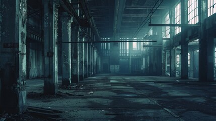 Eerie interior of a crumbling factory, its abandoned halls whispering stories of the past