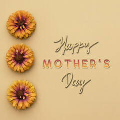 Happy Mother's Day greeting with orange zinnia flower blooms on tan background for holiday, square shape.