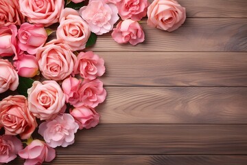 Romantic floral composition with loosely arranged rose flowers on a wooden background
