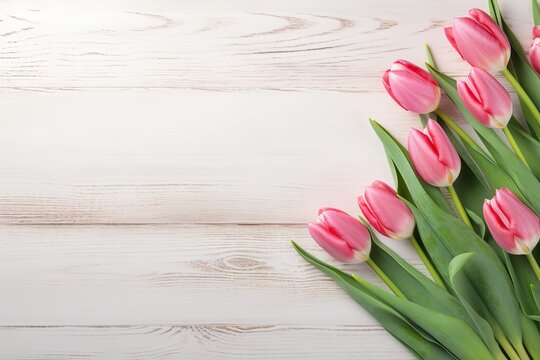 Romantic floral composition with loosely arranged tulip flowers on a rustic white wooden background