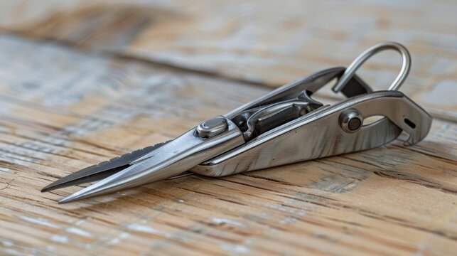 Close-up of a stainless steel nail clipper on a wooden surface, essential home grooming device