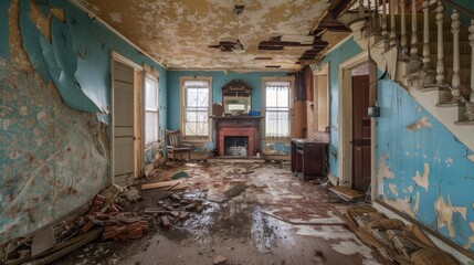 A glimpse inside an abandoned house, with fractured beams and a hauntingly empty room