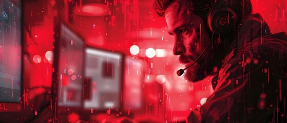 Illustration of call center worker doesn't look convincing in the image which has red tint to symbolize danger. It reflects the current problem of criminals calling to defraud victims in many forms.