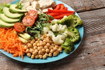 Balanced diet and healthy foods. Plate with different delicious products on wooden table