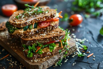 Nutritious hummus sandwich with mixed vegetables on multi-grain bread - healthy lunch option