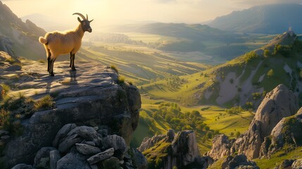 Golden Hour Glow: Goat on a Mountain Rock with Lush Valley Below - This Image Captures the Warmth of the Golden Hour as a Goat Stands Elegantly on a Mountain Rock, Overlooking a Lush Green Valley. - obrazy, fototapety, plakaty