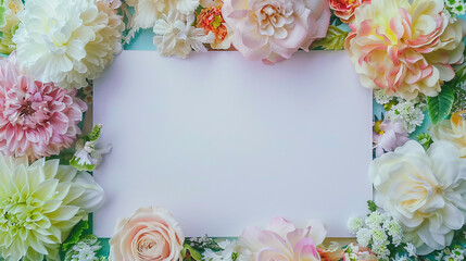 a photo with a white sheet of paper mockup on a sea of beautiful flowers