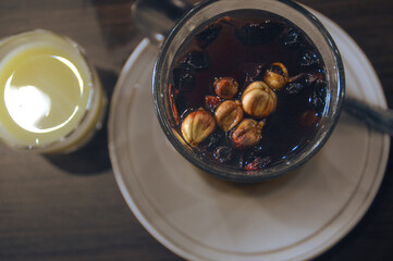 Overhead view of Wedang Jahe, a traditional Indonesian medicinal herbal drink for holistic healing...