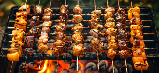 Skewers and meat on the grill, BBQ party grilling meat in the afternoon of weekend - obrazy, fototapety, plakaty