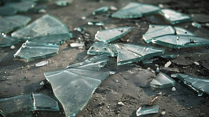 Broken glass on the ground of different size and shape. car crash or burglary