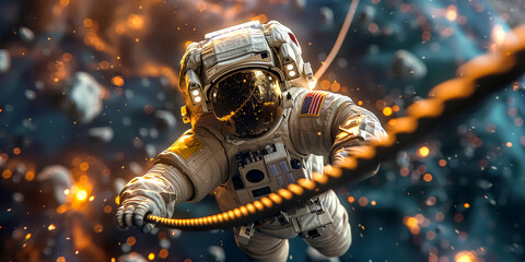An astronaut in a spacesuit holding onto a rope and floating freely in space - obrazy, fototapety, plakaty