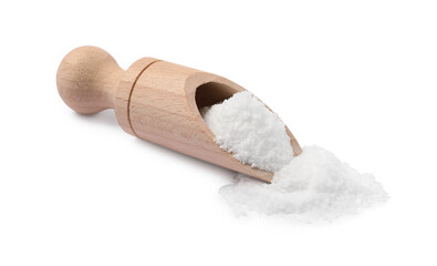 Natural salt in wooden scoop isolated on white