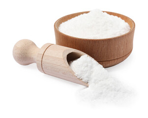 Natural salt in wooden bowl and scoop on white background
