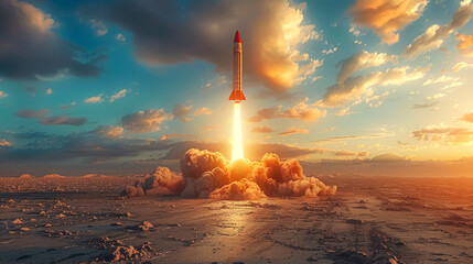 takeoff of the futuristic missile, with orange smoke, fire, and flame - obrazy, fototapety, plakaty