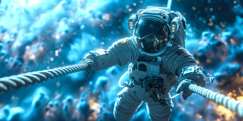 An astronaut in a spacesuit holding onto a rope and floating freely in space - obrazy, fototapety, plakaty
