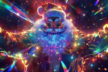 Colorful Santa Claus woven from shining lights and twinkling reflections of light, disco santa, Christmas-themed illustration