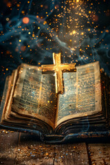 glittering Christian cross made from the light above an open Bible, religion concept