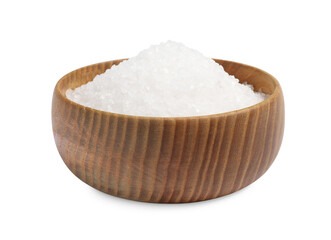 Natural salt in wooden bowl on white background