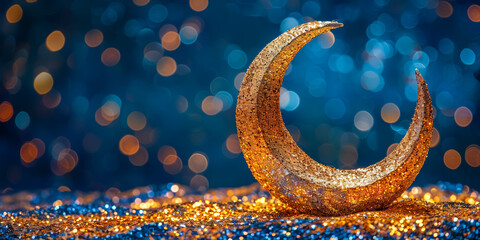 gold crescent on a blue glitter background. ramadan kareem holiday celebration concept. eid mubarak greeting card with copy space