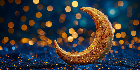 gold crescent on a blue glitter background. ramadan kareem holiday celebration concept. eid mubarak greeting card with copy space