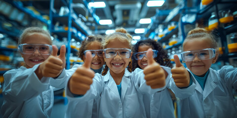 smiling group of children chemists, having thumbs up in the laboratory