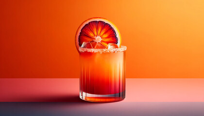 A gradient orange cocktail in a rounded glass, with a salted rim. On top of the glass, a slice of blood orange rests, with smaller orange segments - obrazy, fototapety, plakaty