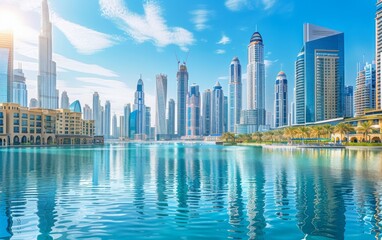 Dubai skyline mirrored in azure waters below, skyscrapers reaching for the sky