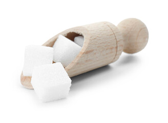 Sugar cubes in wooden scoop isolated on white