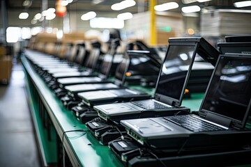 Fototapeta premium Laptops on green production line in factory