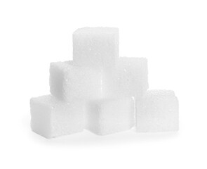 Many refined sugar cubes isolated on white