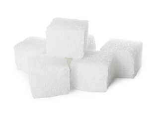 Many refined sugar cubes isolated on white