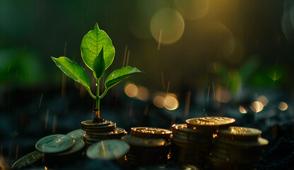 Young plant growing on coins stack. Saving money concept, - obrazy, fototapety, plakaty
