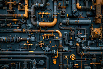 Fototapeta premium Industrial pipes and valves in blue and orange color scheme on wall