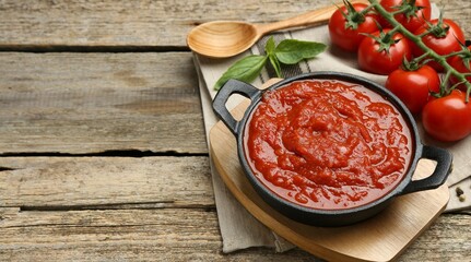 Homemade tomato sauce in bowl, spoon and ingredients on wooden table, space for text