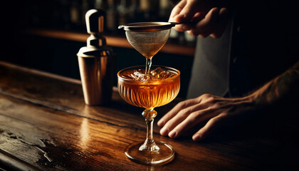 An elegant amber-colored cocktail in a vintage coupe glass, being poured from a mixing glass with a strainer by a bartender's hand, captured mid-pour