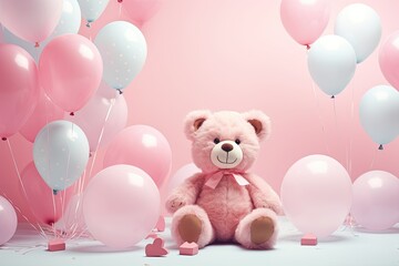 Teddy bear surrounded by pink and blue balloons