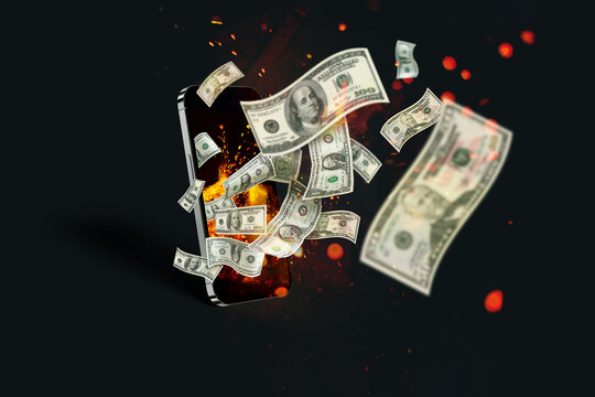 Money banknotes fly with sparks and flames from a smartphone on a black background, concept. Online casino and winner, creative idea. Application and finance. Investments and Marketing