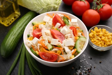 Tasty salad with Chinese cabbage served on black table
