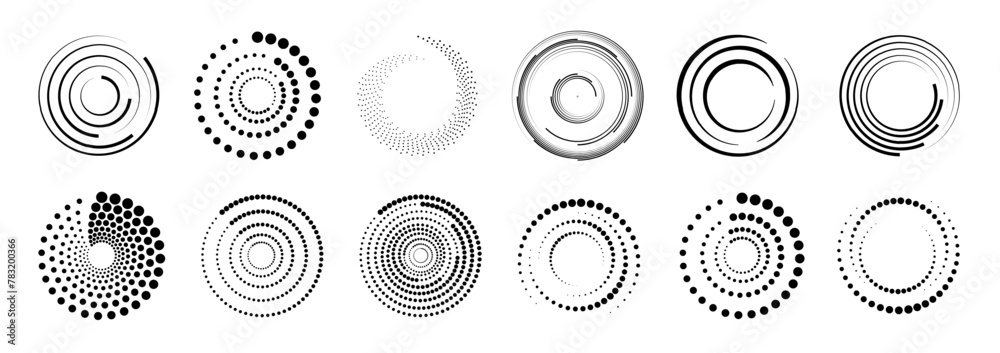 Wall mural halftone circular dotted frames set. set of black thick halftone dotted speed lines. speed lines in 