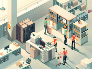 Active employees in a modern warehouse, 3D illustration