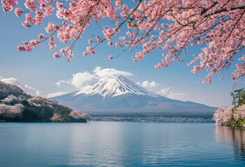 Cherry blossom tree adorns lake with mountain backdrop in natural landscape