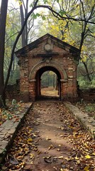 Fototapeta premium Stone tunnel winding through dense forest undergrowth