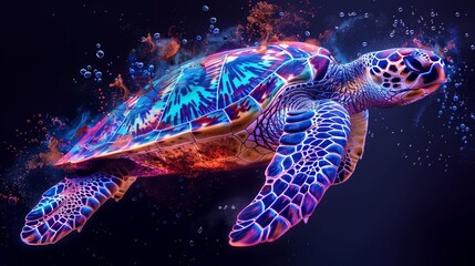 Watercolor illustration of big sea turtle on dark blue or black background. Hand painted illustration. World Turtle Day, turtle protection concept. Postcard, print for kids.