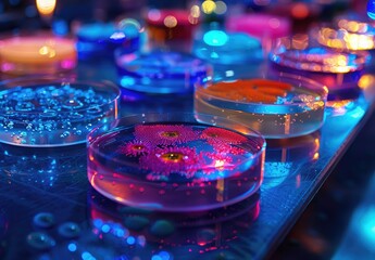 A vibrant display of bacterial growth within petri dishes, glowing under laboratory conditions, showcasing a variety of hues and shapes. - obrazy, fototapety, plakaty