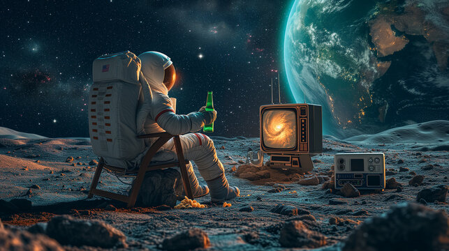 An astronaut in a space suit sits on the planet drinking beer and watching TV against the backdrop of the planet Earth.