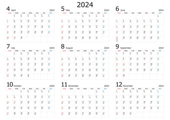 2024年4月から12月のカレンダー